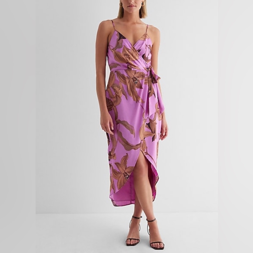 Satin floral tie waist midi hi low dress